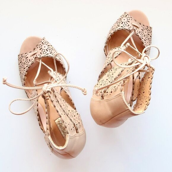 Schutz Tan Perforated Leather Heels Lace-up Peep Toe Summer Shoes Size 6.5 - Picture 15 of 16